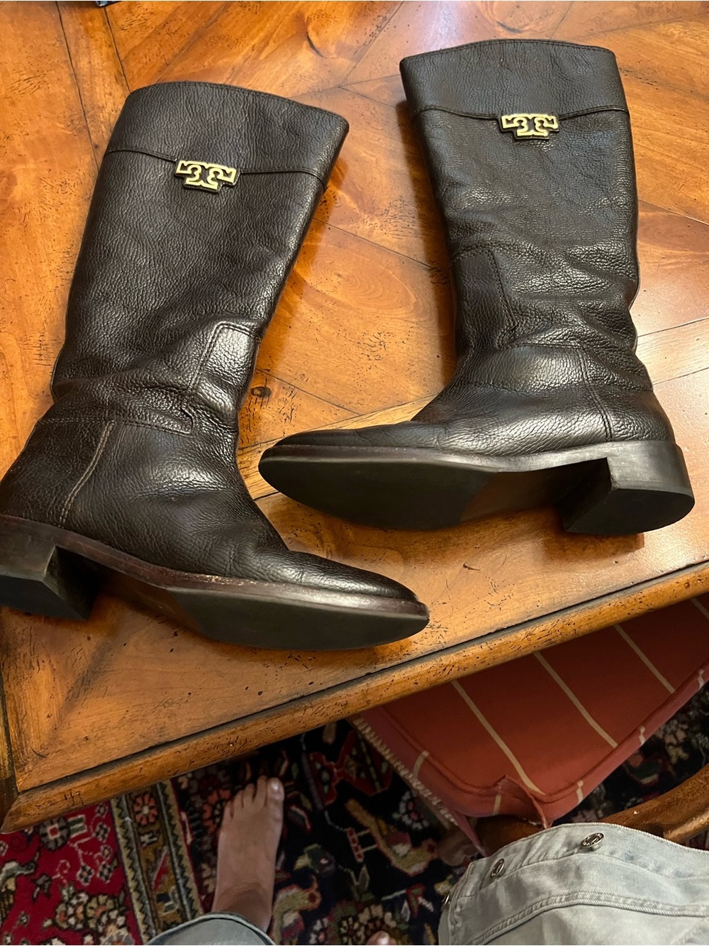 Tory Burch Black Leather Tall Boots with Gold Logo Accent
